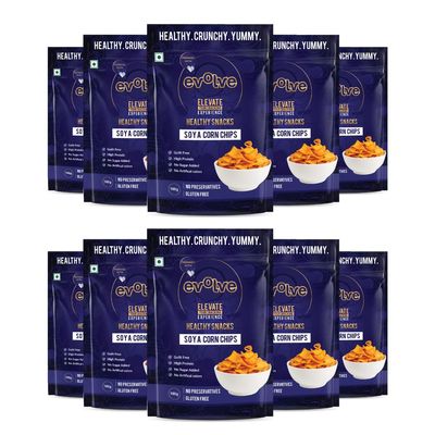 Evolve Soya Corn Chips Healthy Snacks for Kids, Adults | Gluten Free, High Protein, Vacuum Cooked, No Preservatives, Delicious Crunchy Snack - 100g Pack of 10