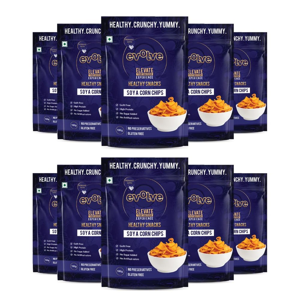Evolve Soya Corn Chips Healthy Snacks for Kids, Adults | Gluten Free, High Protein, Vacuum Cooked, No Preservatives, Delicious Crunchy Snack - 100g Pack of 10
