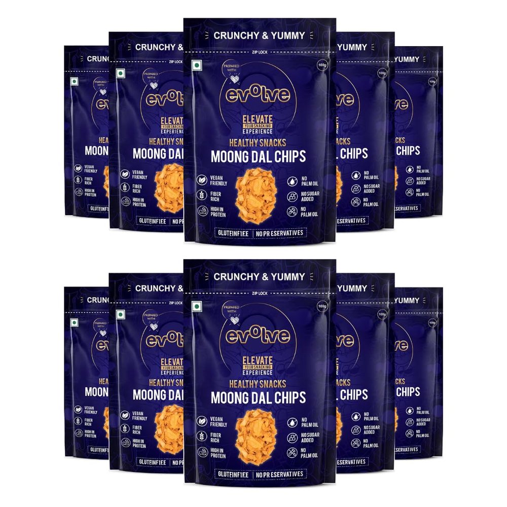 Evolve Moong Dal Chips Healthy Snacks | Roasted, Gluten Free Snacks, No Palm Oil & Artifical colors, Moong Dal Snack, Peri Peri Flavor - 100gm Pack of 10