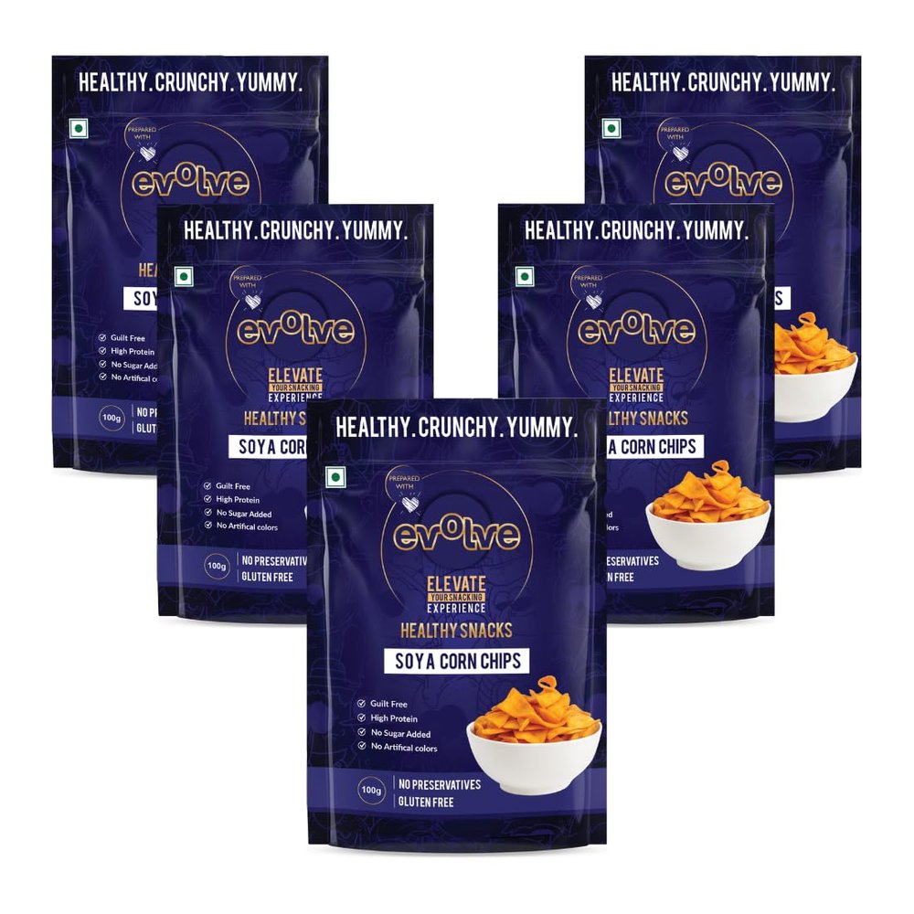 Evolve Soya Corn Chips Healthy Snacks for Kids, Adults | Gluten Free, High Protein, Vacuum Cooked, No Preservatives, Delicious Crunchy Snack - 100g Pack of 5