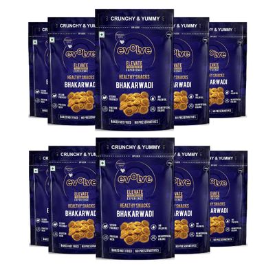 Evolve Baked Bhakarwadi Healthy Snacks for Kids, Adults | Gluten Free, No Artificial Colors or Preservatives, Freshly Made, Ready to Eat, Crunchy Masala Flavor - 100g Pack of 10