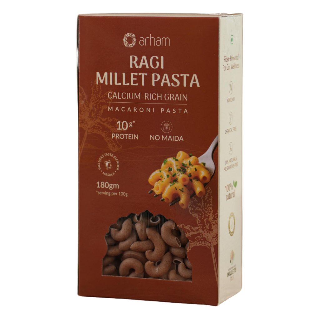Arham Organic 180Gm Ragi Millet Pasta | Macaroni Pasta | Healthy, Light & Natural | No Maida | Non-GMO | No Preservatives | Chemical-Free (Pack of 4)