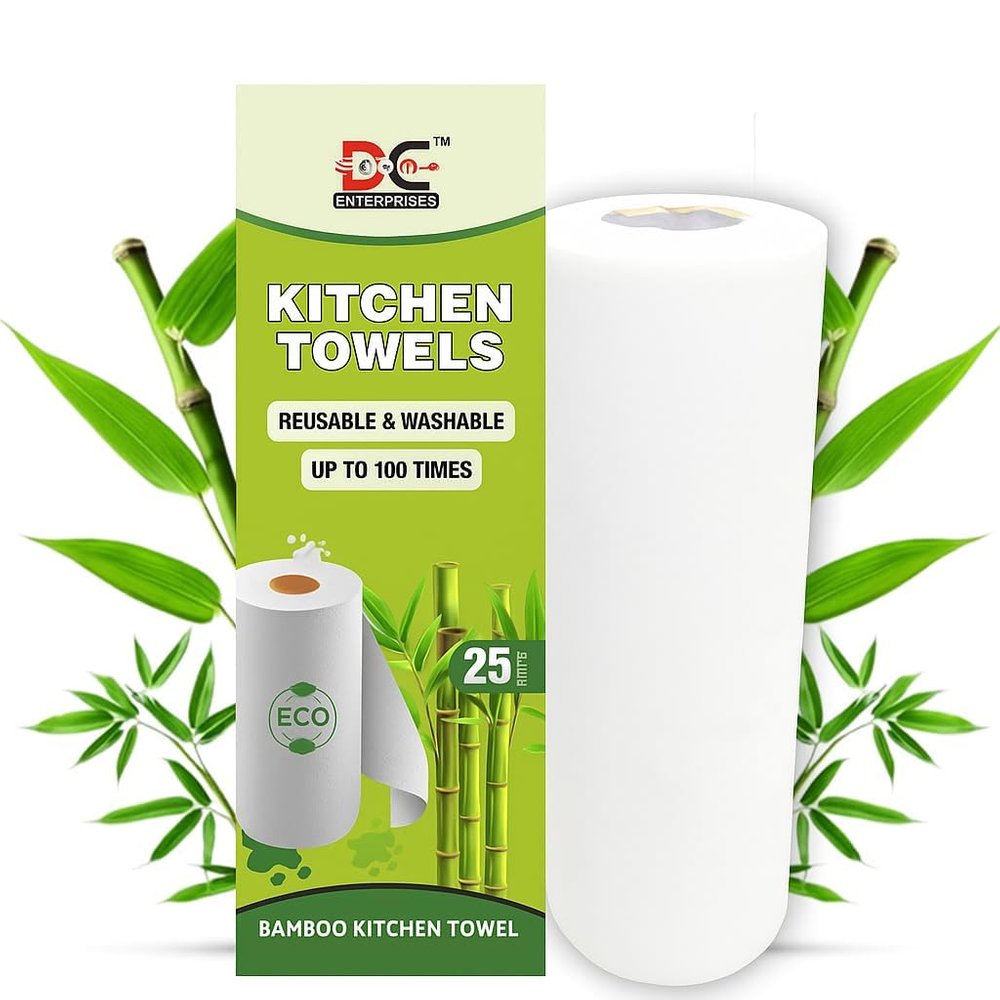 DC Enterprises Reusable & Washable Bamboo Kitchen Towel Roll | Eco-Friendly Heavy Duty Substitute for Paper Towels (25 Sheets)