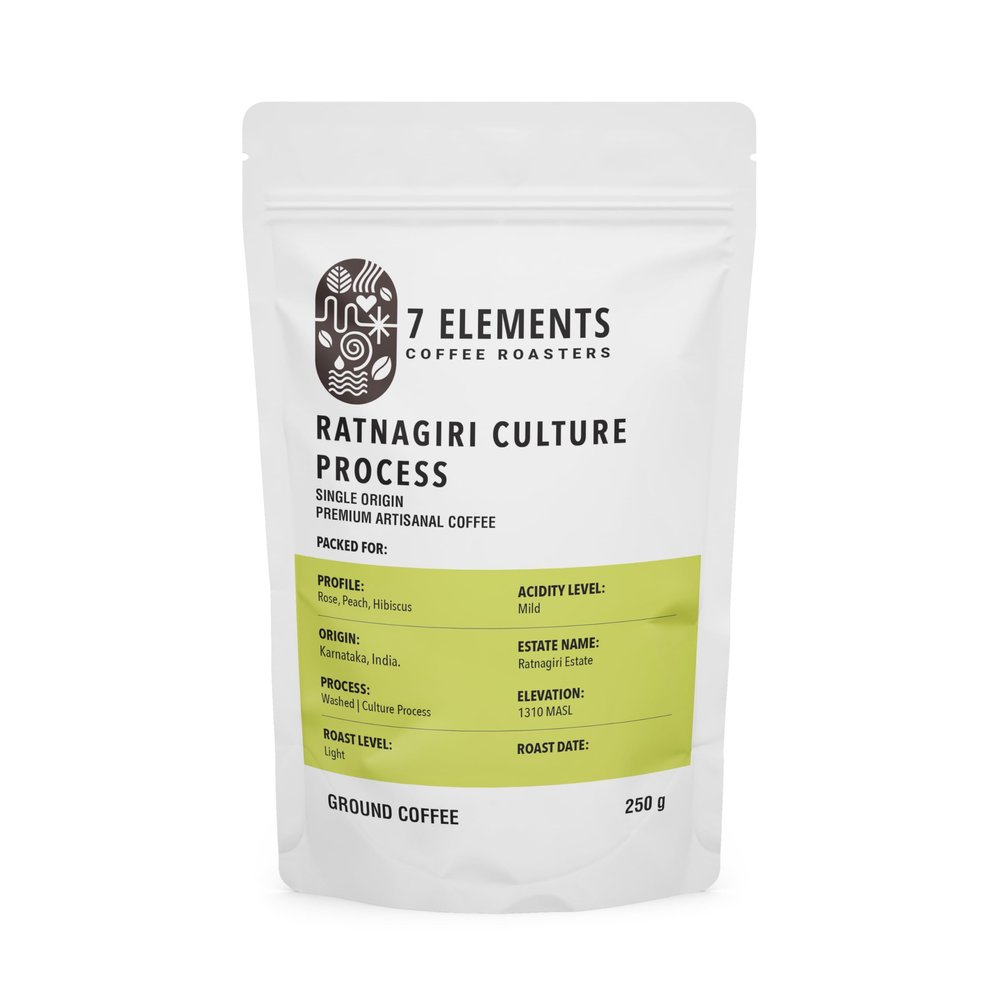 7 Elements Coffee Roasters Ratnagiri Culture Process Ground Coffee - 250 g (Pack of 1) | Light Roast (Espresso, Moka Pot Grind) | Rose, Peach, Hibiscus Flavour Coffee Grounds | Rich Flavorful