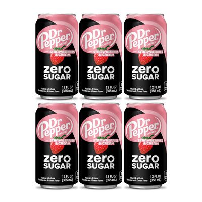 Dr Pepper Strawberries & Cream Zero Sugar  355ml Each (Pack of 6) | No Sugar American Soft Drink | Strawberry Vanilla Flavour | Refreshing Carbonated Beverage | (IMPORTED-USA) Zero Calorie Soda Cans