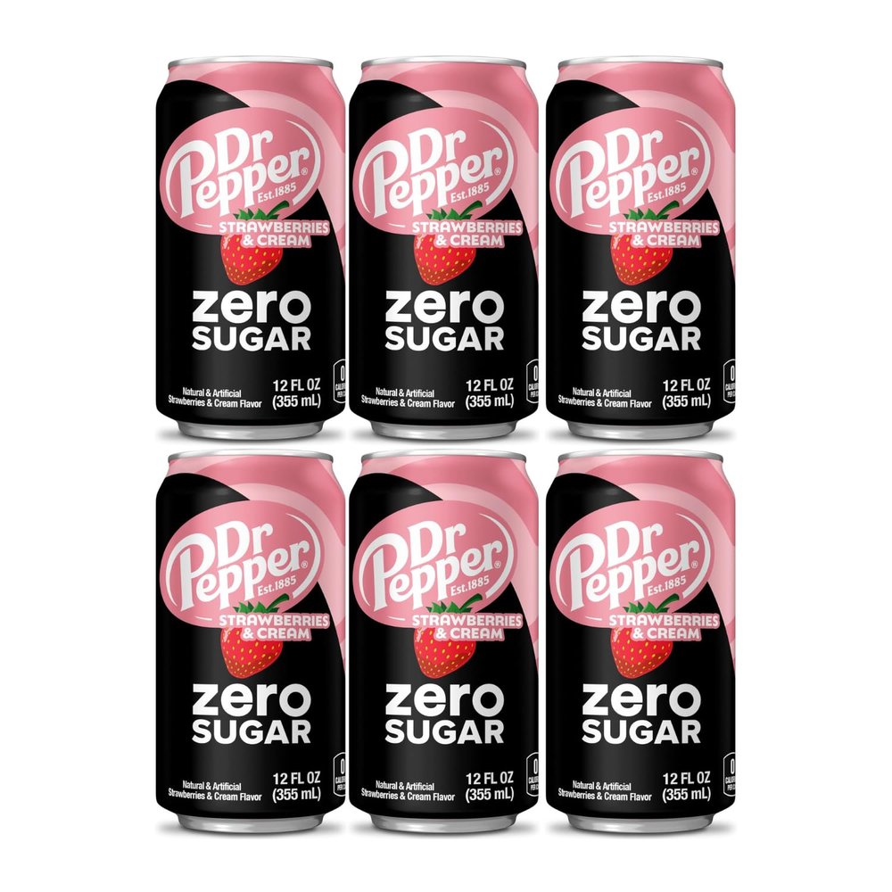 Dr Pepper Strawberries & Cream Zero Sugar  355ml Each (Pack of 6) | No Sugar American Soft Drink | Strawberry Vanilla Flavour | Refreshing Carbonated Beverage | (IMPORTED-USA) Zero Calorie Soda Cans