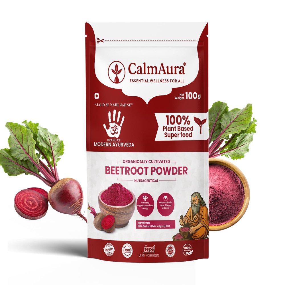 CalmAura Beetroot Powder|100% Plant-Based Ayurvedic Superfood | Natural Iron Energy Booster Heart Health Skin Glow Detox | Organic Nutrient-Rich Root Powder