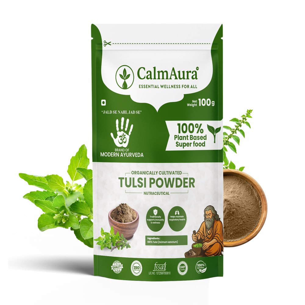 CalmAura Tulsi Leaf Powder| 100% Pure Holy Basil (Ocimum Sanctum) for Immunity & Respiratory Wellness | Ayurvedic Detox & Stress Relief Herbal Supplement | Natural Antioxidant Immunity Booster