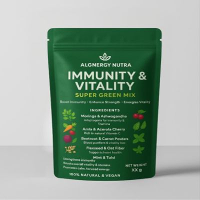 AlgEnergy Nutra Immunity & Vitality Super Green Powder Mix with Moringa, Ashwagandha, Amla, Beetroot, Flaxseed, Mint, Tulsi, Natural Vegan Supplement for Energy and Wellness (250 Gram)