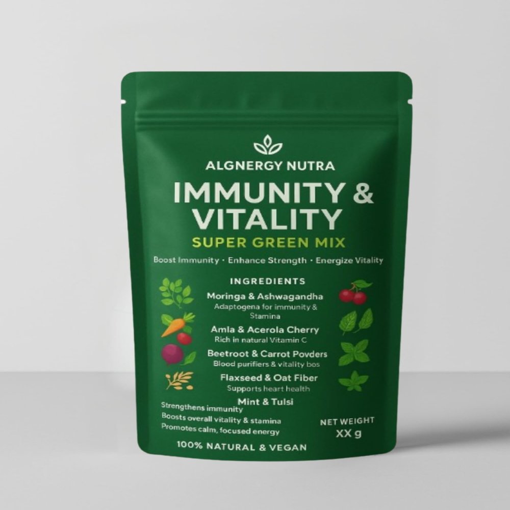 AlgEnergy Nutra Immunity & Vitality Super Green Powder Mix with Moringa, Ashwagandha, Amla, Beetroot, Flaxseed, Mint, Tulsi, Natural Vegan Supplement for Energy and Wellness (250 Gram)