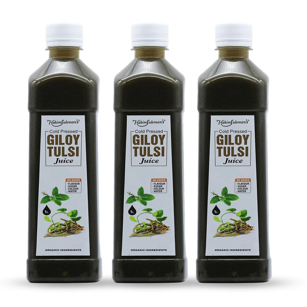 Hakim Suleman's Cold Pressed Giloy Tulsi Juice  For Healthy Immune System & Digestion, No Added Sugar, Preservatives - 1 Ltr (Pack of 3)