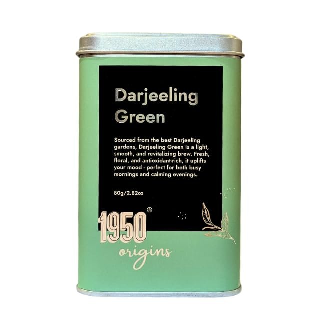 1950 Origins Darjeeling Green | Premium Green Tea | Darjeeling First Flush Loose Leaf | 100% Pure Long Leaf Tea | Light & Refreshing | 80g Tin Caddy