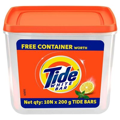 Tide White Bar Detergent Soap, 10 Bars x 200g Pack (2 KG Pack) with Free Container