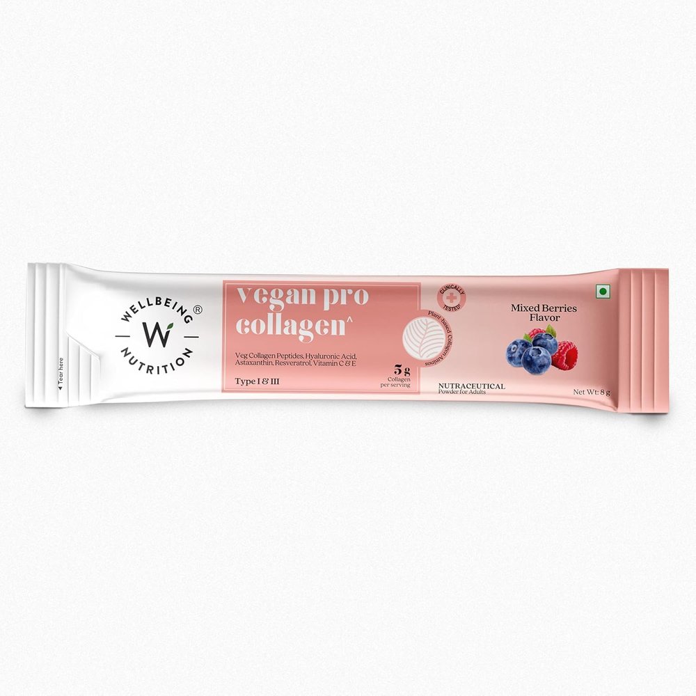 Wellbeing Nutrition Vegan Pro Collagen Peptides Supplement for Skin and Hair, Mixed Berries, 8g, Sachet