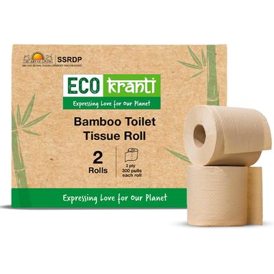 Eco Kranti - Bamboo Toilet Tissue Roll | 300 Pulls x 2 Packs | 100% Natural | Soft & Highly Absorbent | Biodegradable, Compostable & Eco-Friendly | Travel Friendly | Chemical-Free & Hypoallergenic