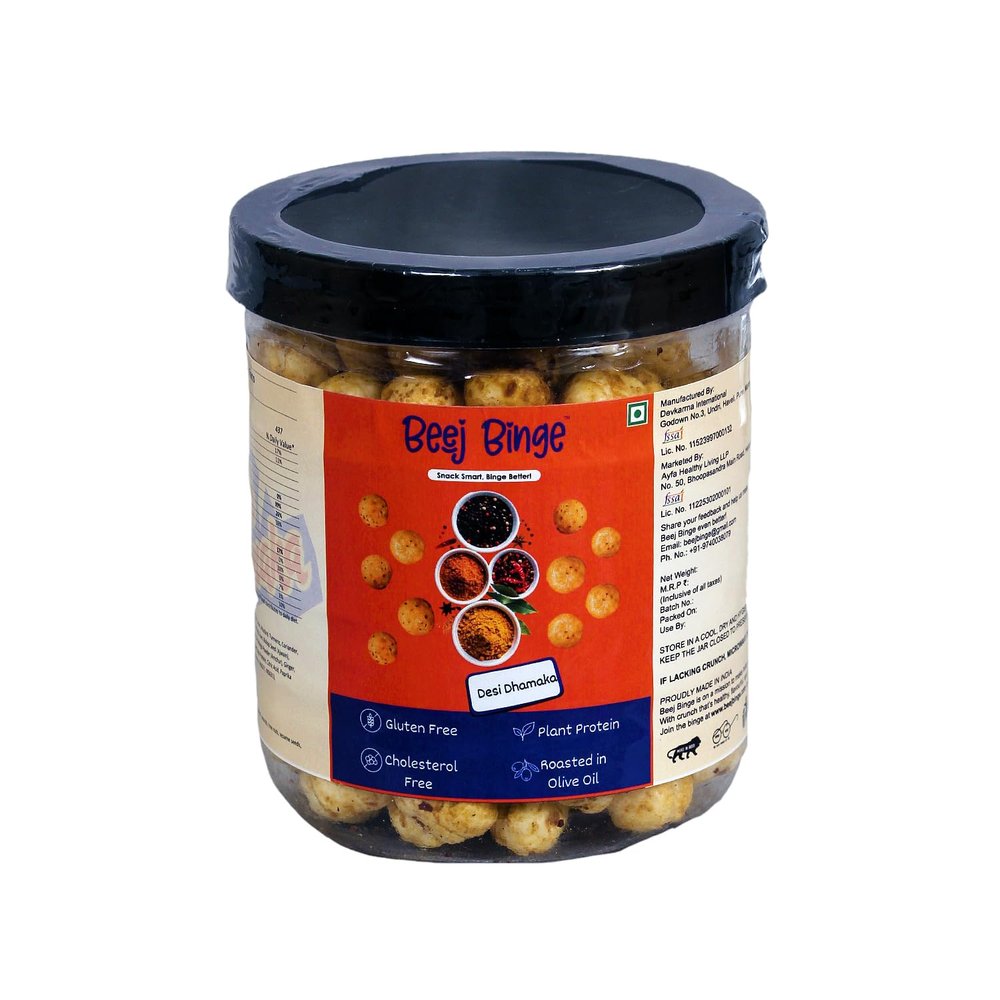 Beej Binge Desi Dhamaka | Roasted Makhana | Spicy Masala | Roasted in Olive Oil | Gluten-Free | Crunchy Healthy Snack | High Protein & Calcium | 50g