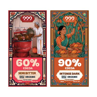 999 Chocolat Organic Dark Chocolate Combo (Pack of 2) | 60% Semi Bitter with Nuts & Raisins + 90% Intense Dark | Vegan | Bean-to-Bar | Organic | No Refined Sugar | Keto & Gluten-Free | Healthy Chocolate Gift | Made in India (2x70g)