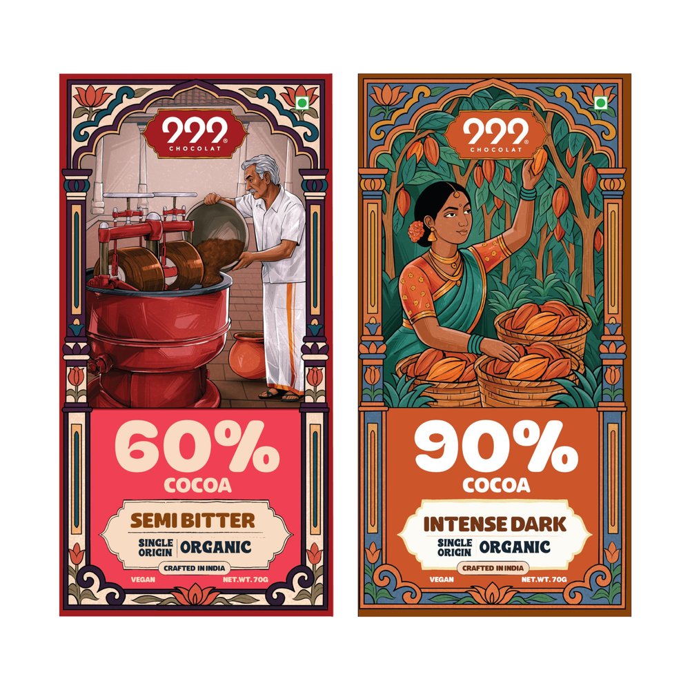 999 Chocolat Organic Dark Chocolate Combo (Pack of 2) | 60% Semi Bitter with Nuts & Raisins + 90% Intense Dark | Vegan | Bean-to-Bar | Organic | No Refined Sugar | Keto & Gluten-Free | Healthy Chocolate Gift | Made in India (2x70g)