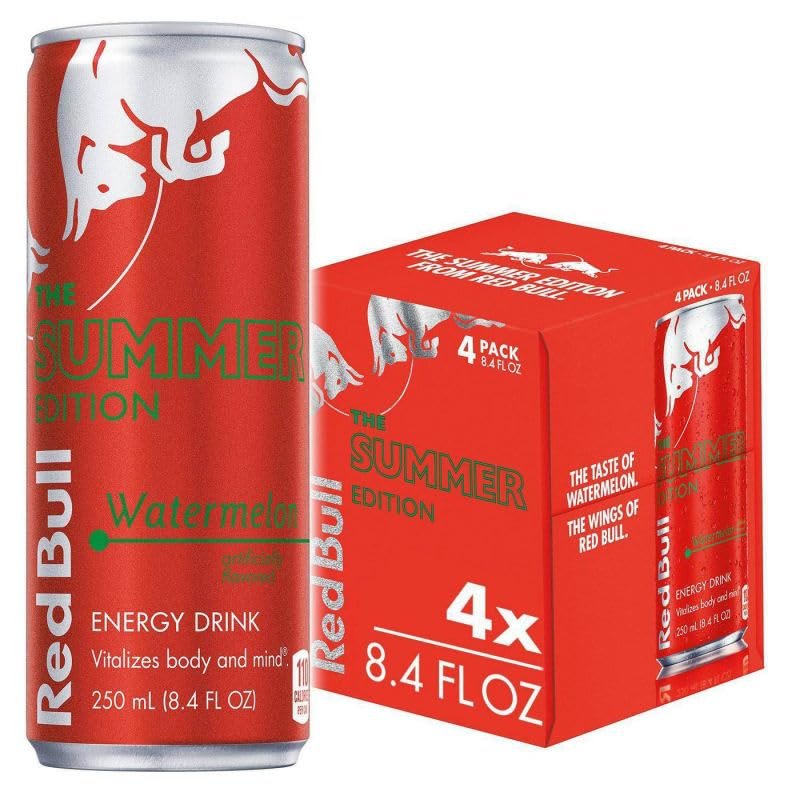 Red Bull Summer Edition Watermelon Energy Drink, 4 Pack, X 250ml Cans, Vitalizes Body and Mind (From Austria)