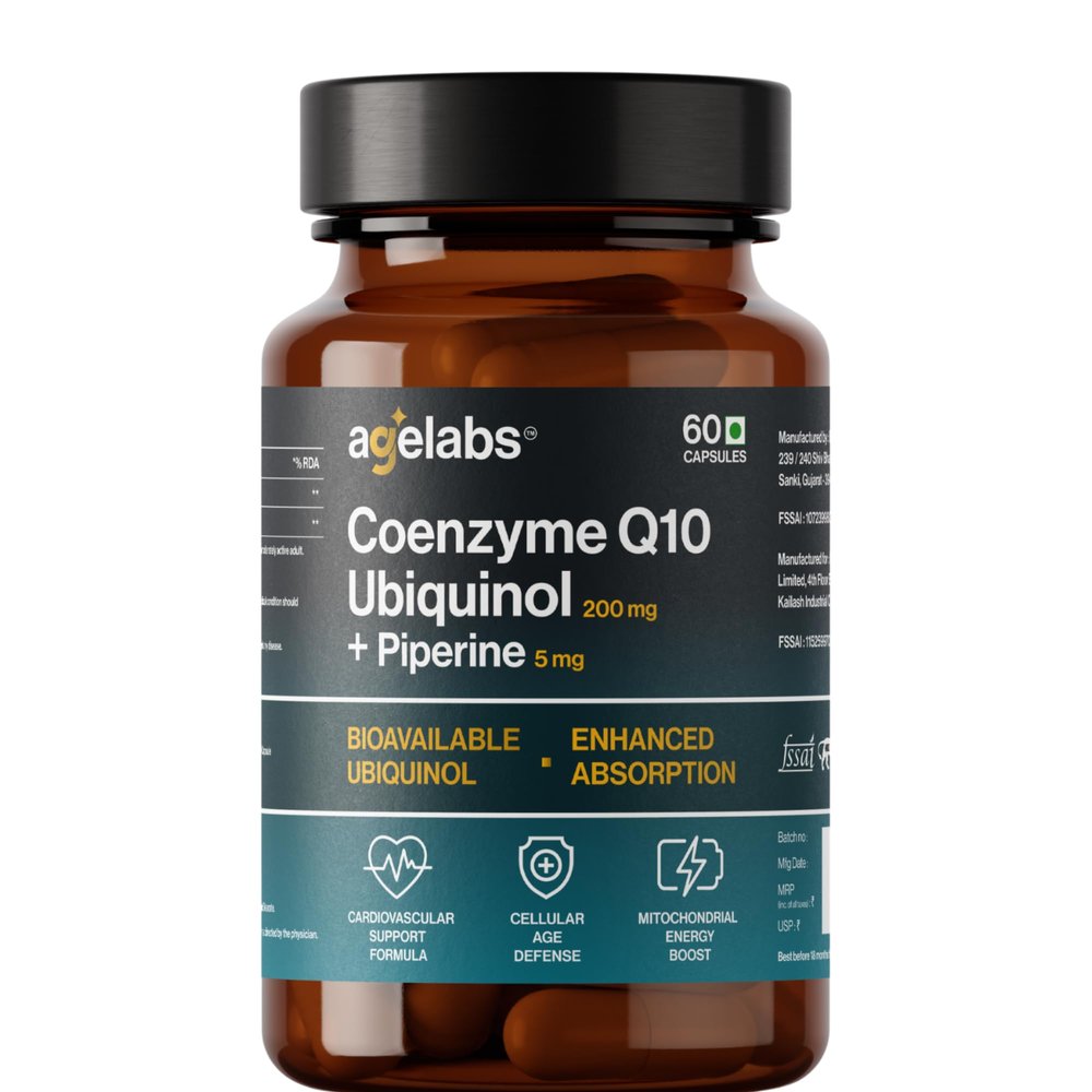 Agelabs Coenzyme Q10 Ubiquinol 200mg with Piperine, Enhanced Absorption Formula for Heart Health and Cellular Energy, 60 Vegetarian Capsules
