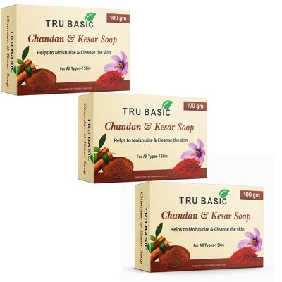 Tru Basic Chandan & Kesar Glycerine Soap | Enriched with Sandalwood & Saffron | Moisturizing and Skin Brightening Bath Soap | For All Skin Types | Pack of 3 (100g each)