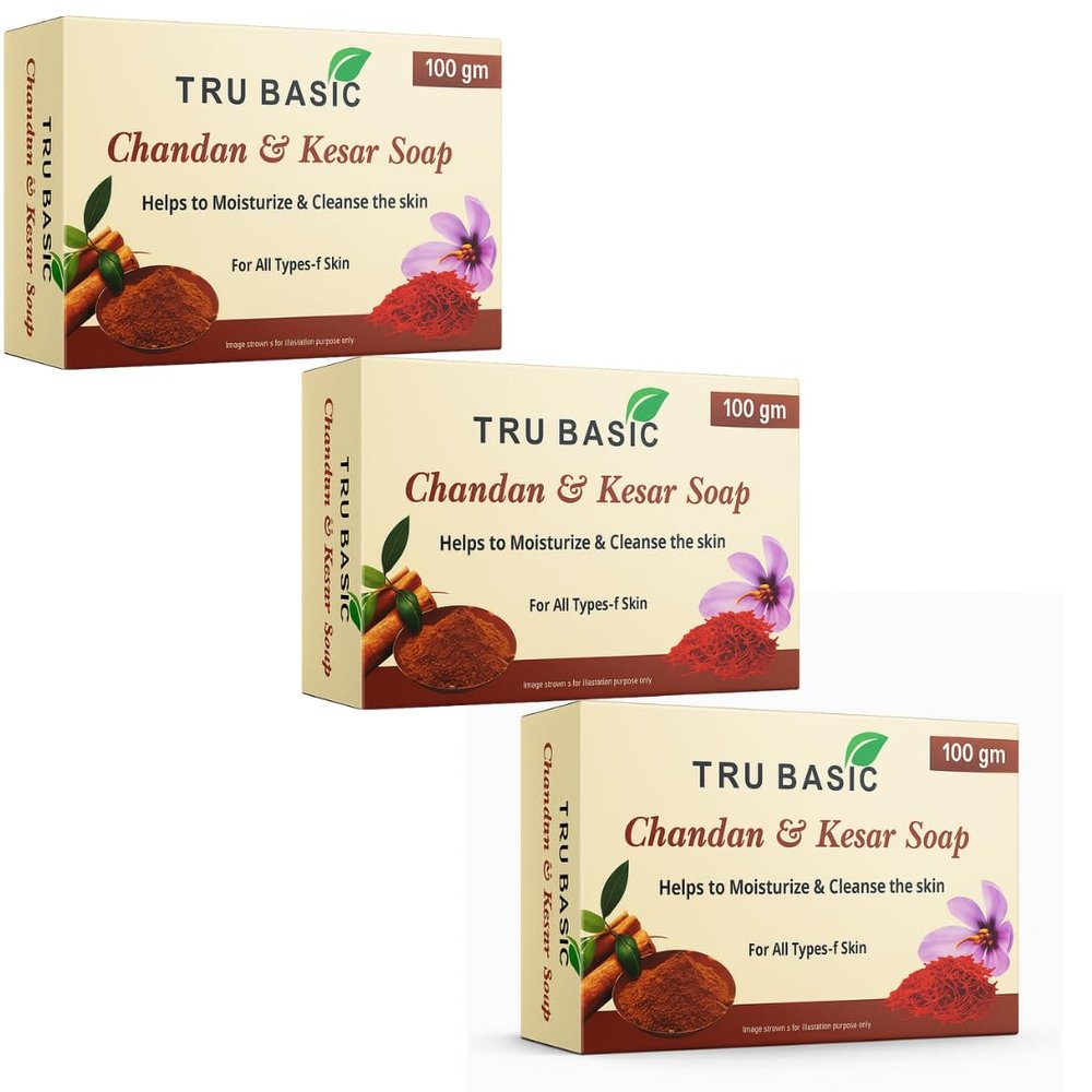 Tru Basic Chandan & Kesar Glycerine Soap | Enriched with Sandalwood & Saffron | Moisturizing and Skin Brightening Bath Soap | For All Skin Types | Pack of 3 (100g each)