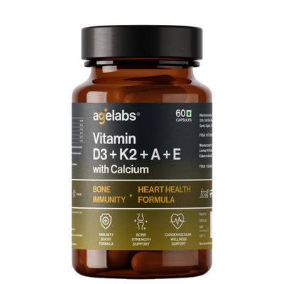 Agelabs Vitamin D3 + K2 (MK-7) with Vitamins A ,E with Calcium | Advanced Bone, Immunity & Heart Health Support | 60 Vegetarian Capsules | High Absorption Formula for Strong Bones, Vision & Skin Wellness