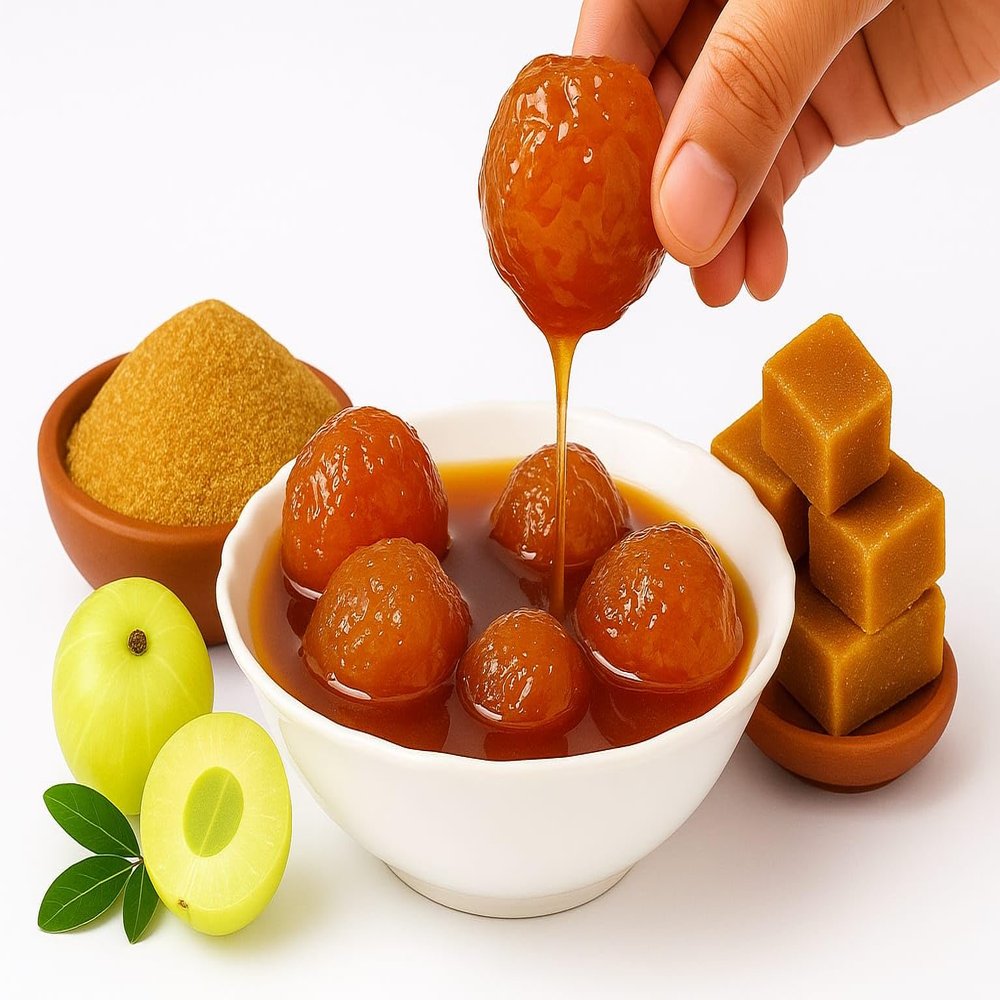 Amla Jaggery Murabba, No Refined Sugar Premium Indian Gooseberry Sweet Preserve, Natural Immunity Booster with Vitamin C, Iron, Calcium, Magnesium, Skin Glow & Digestion Naturally (1 kg, Amla Jaggery Murabba)