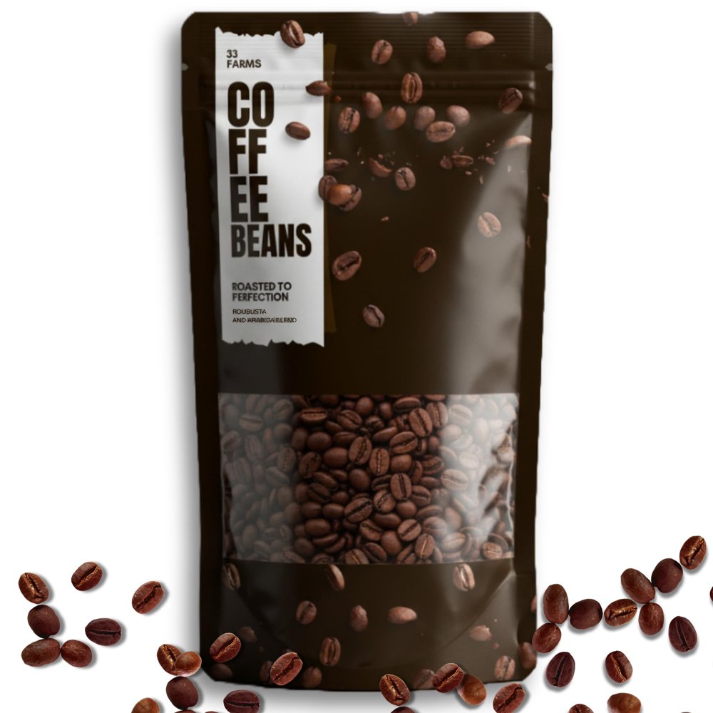 33 Farms | Perfect Blend of roasted Coffee Beans | Medium Roast | 70% Robusta and 30% Arabica Blend | Nutty and Chocolaty Flavor | No Preservatives | 500gm Bag