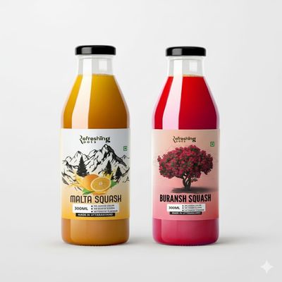 Refreshing Roots Malta Squash and Buransh Squash Combo Pack, Natural Himalayan Beverages, 300ml Glass Bottles, Pure and Dynamic Refreshment