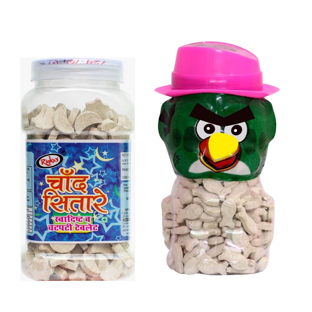 Rinkas Square Jar Chand Sitare  280 pcs & Small Cat Jar Spicy Fish  280 pcs | Chatmola Chand Sitare Treats | Chatpati Sweets for Kids | 90s Nostalgia | Khatti Mithi Goli | Sweet & Sour Star Delight