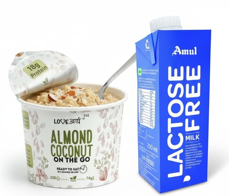 LoveArth Almond Coconut On The Go Overnight Oats, 24g High Protein, Amul Lactose-Free Milk, Ready in 3 Minutes, Clean Ingredients, 74g Cup Breakfast Cereal (Pack of 1)