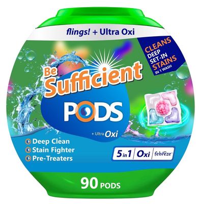 Be Sufficient 5-in-1 Dissolvable Magic Laundry Pods for 30 Washes | Tough Stain Fighter for Top & Front Load Machines | Floral Aroma | Eco-Friendly | 1 Pod = 1 Wash for 5-7kg Loads (pack of 90)