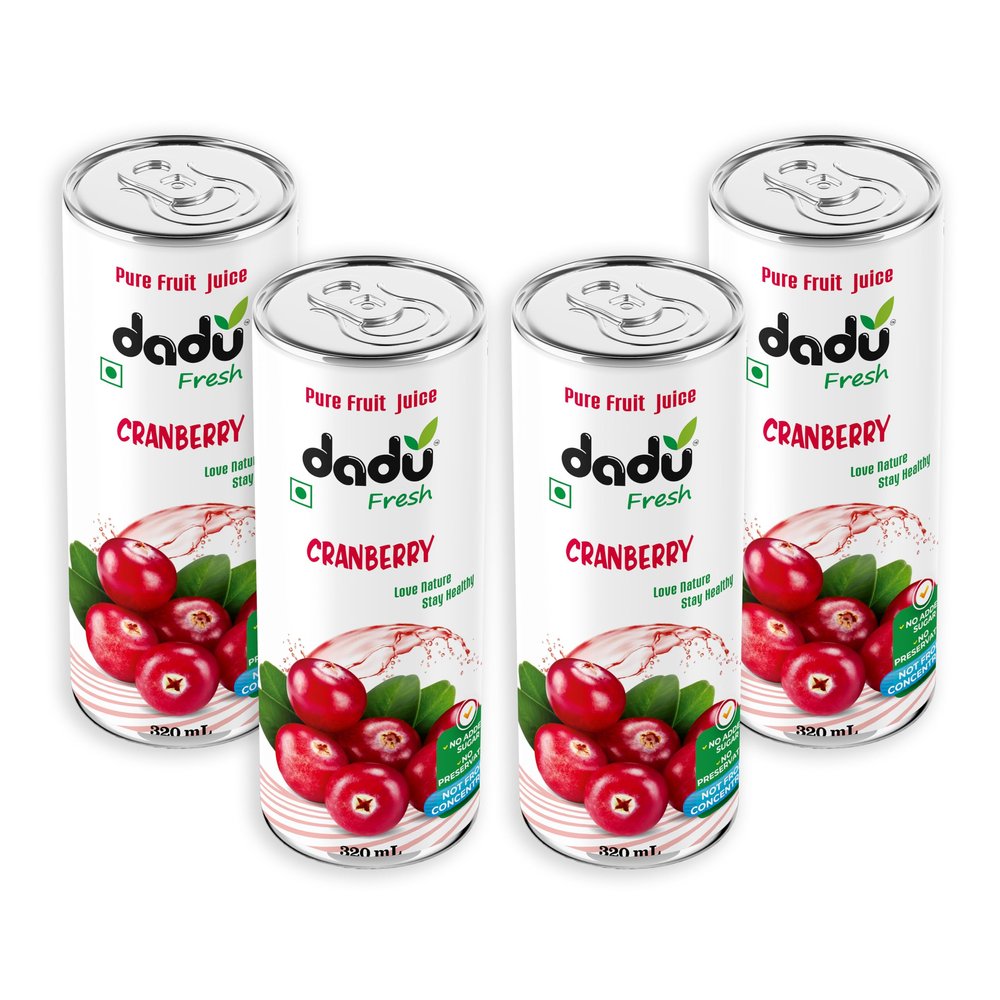 Dadu Fresh Cranberry Juice | Pure Natural Fruit Healthy Beverage | Not from Concentrate, No Added Sugar, No Preservatives or Artificial Flavours | Vitamin Rich & Naturally Refreshing | 4 Cans x 320ml (1280ml)