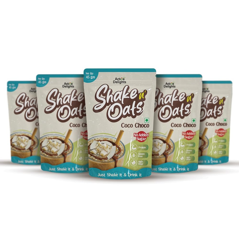 Active Delights Shake n Oats | High Protein, Gluten Free Oats Drink | Quick Breakfast, Snack (Pack of 5 | 45g, Coconut Chocolate)