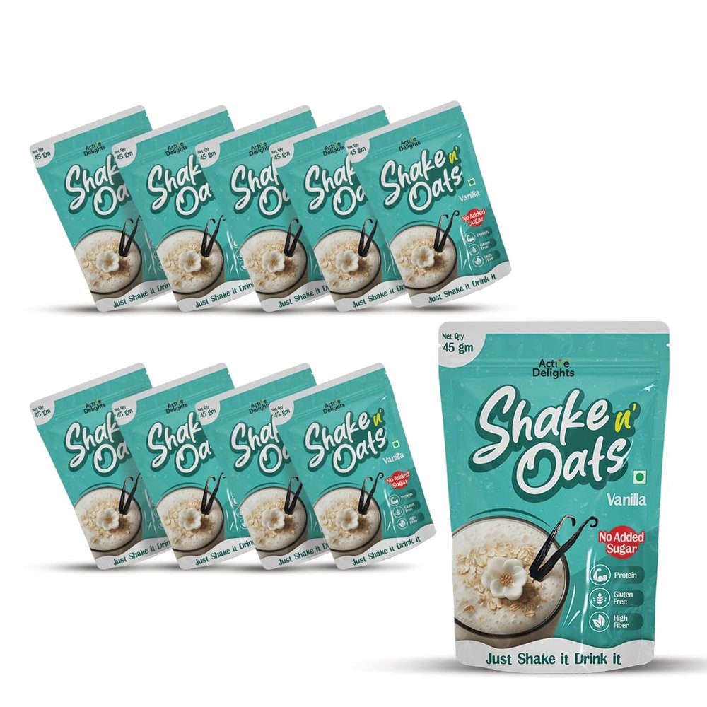 Active Delights Shake n Oats | High Protein, Gluten Free Oats Drink | Quick Breakfast, Snack or Meal Replacement (Pack of 10 | 45g, Vanilla)