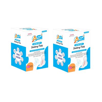 ASI Ultra Soft Sanitary Pads | XL+ 290mm | Rash Free | Pure Cotton | 180 ML Fast Absorbent | Breathable | Pack of 2 | 20 Pads
