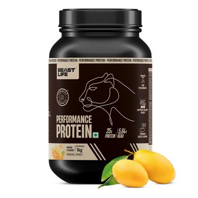 Beast Life Performance Protein Powder | 1 Kg | Mango | High Absorption for Muscle Growth |Smooth & Light, Easy to Digest with Ultrasorb Tech|NABL Lab Certified | 25g Protein, 5.64g BCAA | Best For Gut | Beta Glucan | Improves Immune Function