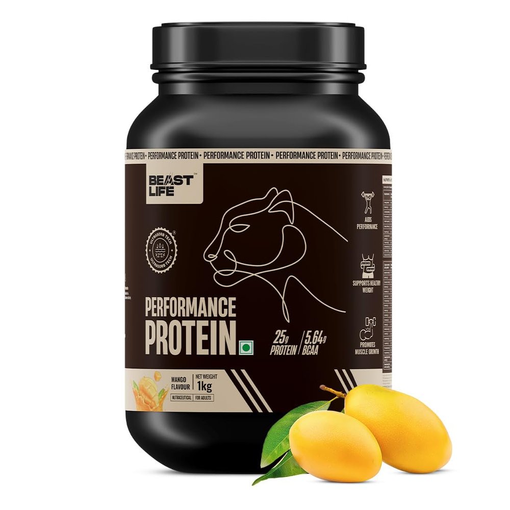 Beast Life Performance Protein Powder | 1 Kg | Mango | High Absorption for Muscle Growth |Smooth & Light, Easy to Digest with Ultrasorb Tech|NABL Lab Certified | 25g Protein, 5.64g BCAA | Best For Gut | Beta Glucan | Improves Immune Function