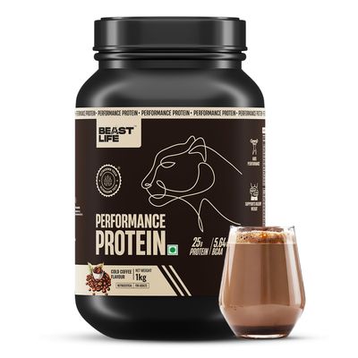 Beast Life Performance Protein Powder | 1 Kg | Cold Coffee | High Absorption for Muscle Growth |Smooth & Light, Easy to Digest with Ultrasorb Tech|NABL Lab Certified | 25g Protein, 5.64g BCAA | Best For Gut | Beta Glucan | Improves Immune Function