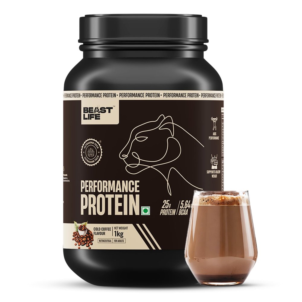 Beast Life Performance Protein Powder | 1 Kg | Cold Coffee | High Absorption for Muscle Growth |Smooth & Light, Easy to Digest with Ultrasorb Tech|NABL Lab Certified | 25g Protein, 5.64g BCAA | Best For Gut | Beta Glucan | Improves Immune Function