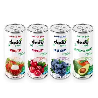 Dadu Fresh Fruit Juice Combo Pack | Cranberry, Blueberry, Avocado and Mango, Rambutan | Pure Natural Fruit Healthy Beverage | Not from Concentrate, No Added Sugar, No Preservatives or Artificial Flavours | Vitamin Rich & Naturally Refreshing | 4 Cans