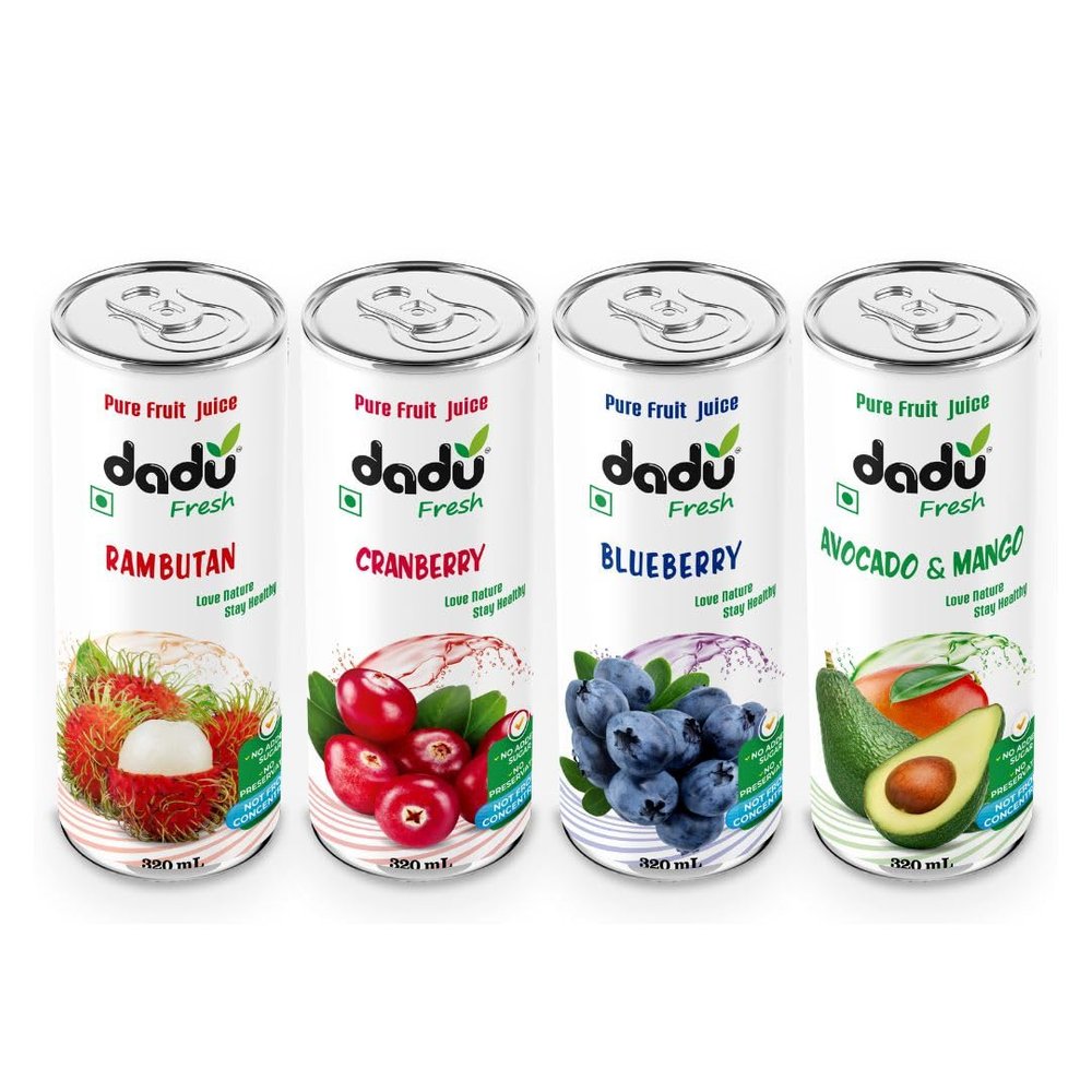 Dadu Fresh Fruit Juice Combo Pack | Cranberry, Blueberry, Avocado and Mango, Rambutan | Pure Natural Fruit Healthy Beverage | Not from Concentrate, No Added Sugar, No Preservatives or Artificial Flavours | Vitamin Rich & Naturally Refreshing | 4 Cans