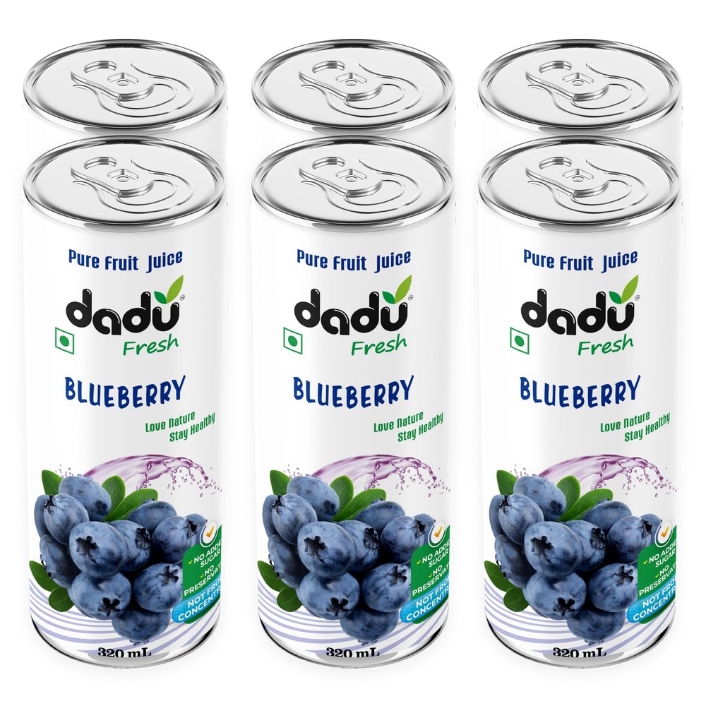 Dadu Fresh Blueberry Juice | Pure Natural Fruit Healthy Beverage | Not from Concentrate, No Added Sugar, No Preservatives or Artificial Flavours | Vitamin Rich & Naturally Refreshing | 6 Cans x 320ml (1920ml)