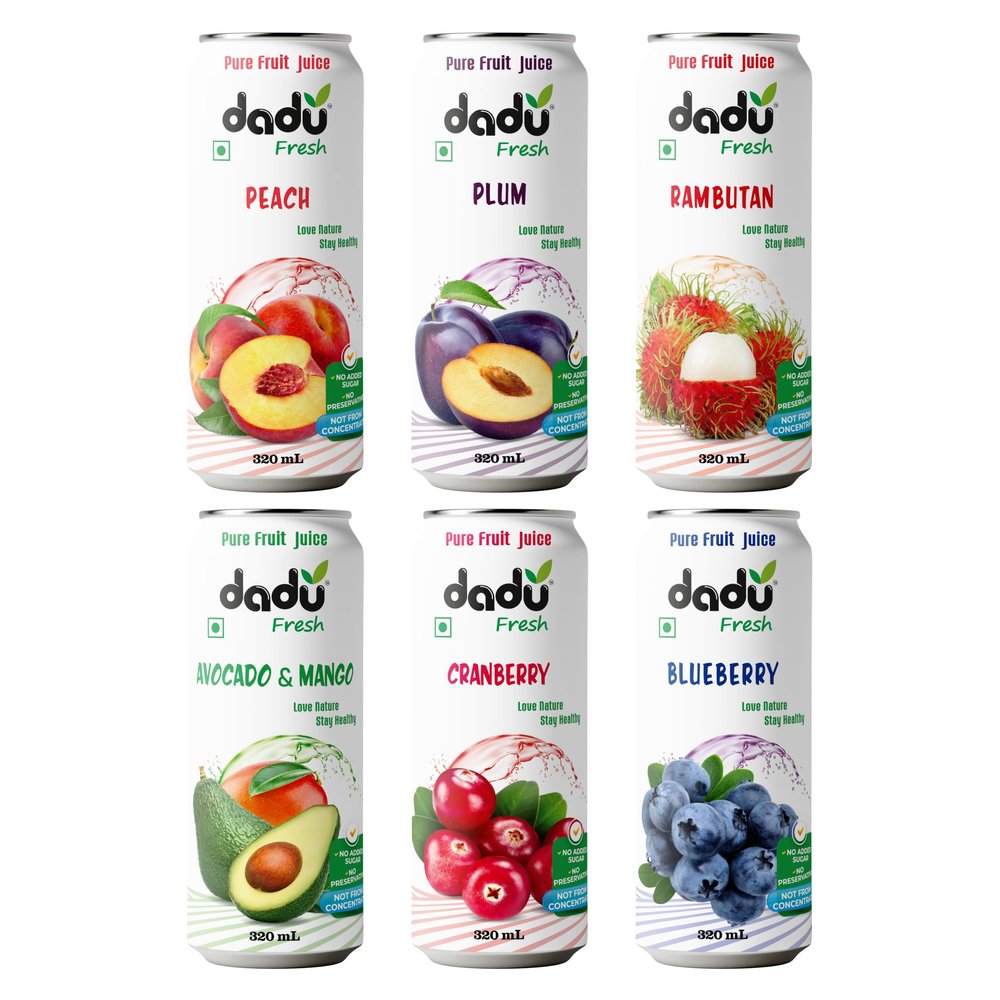 Dadu Fresh Fruit Juice Combo Pack | Avocado & Mango, Rambutan, Peach, Blueberry, Cranberry, Plum | Pure Natural Fruit Healthy Beverage | Not from Concentrate, No Added Sugar, No Preservatives or Artificial Flavours | Vitamin Rich & Naturally Refreshi