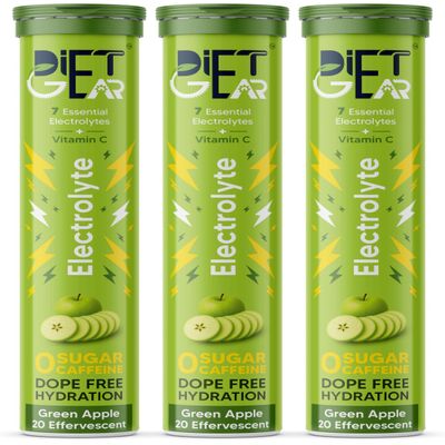 DIET GEAR Electrolyte | Zero Sugar, Zero Caffeine | 7 essential electrolytes + Vitamin C | For Pre & Post Workout | Pack of 2 | 3 * 20 servings, Green apple Flavor