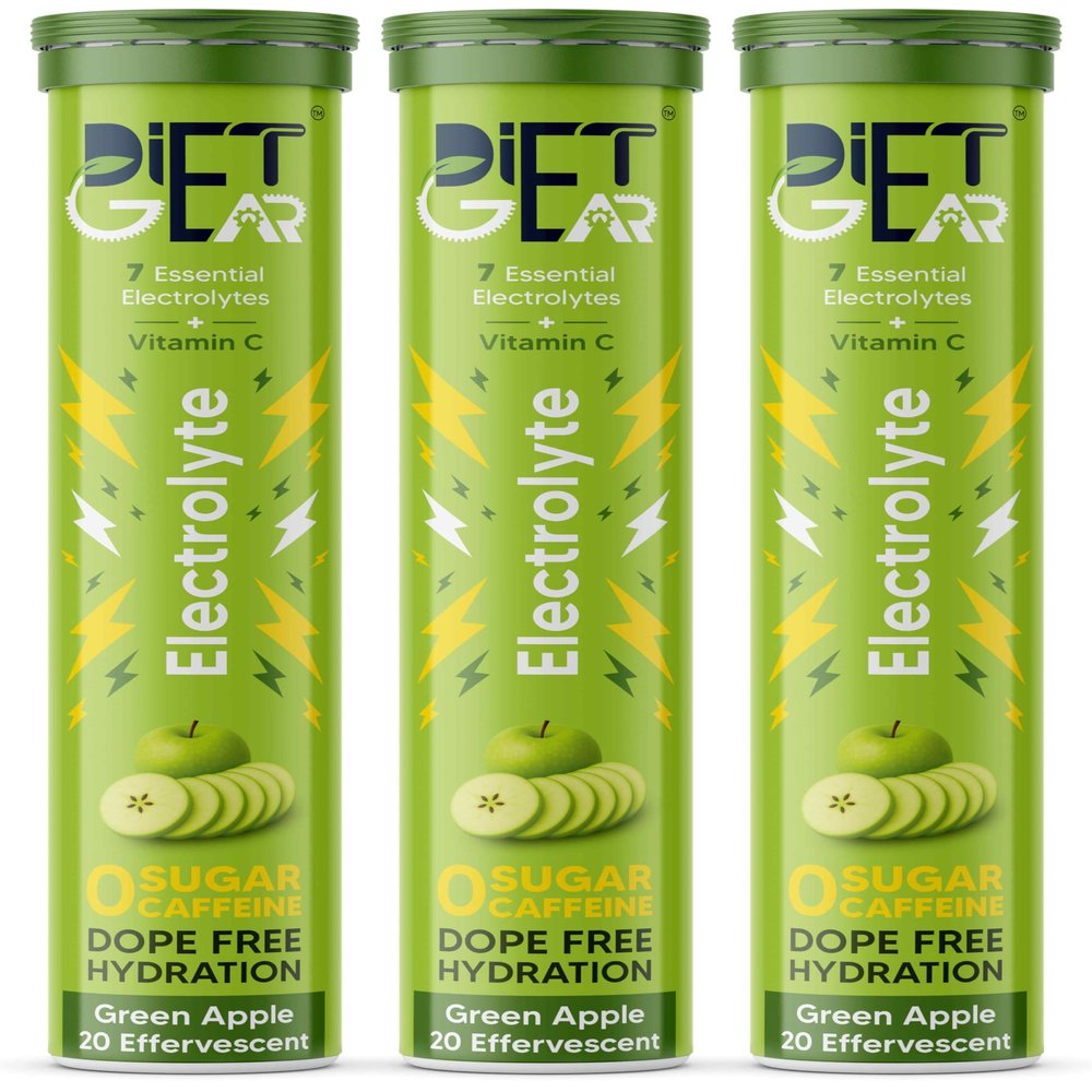DIET GEAR Electrolyte | Zero Sugar, Zero Caffeine | 7 essential electrolytes + Vitamin C | For Pre & Post Workout | Pack of 2 | 3 * 20 servings, Green apple Flavor