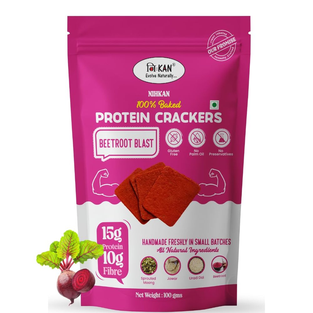 NIHKAN Beetroot Protein Thin Crackers | 100% Baked Chips Healthy Snack | Gluten Free High Protein Crisps | No Palm Oil, No Preservatives, Fibre Rich & All Natural -100g