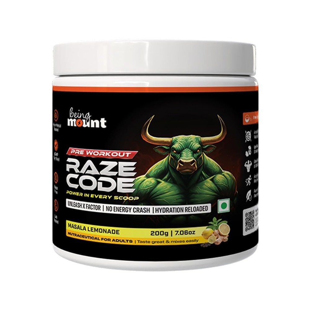BeingMount Raze Code Pre Workout Supplement, Masala Lemonade Flavour, Power Formula with X Factor, No Energy Crash, Hydration Reloaded, 200g