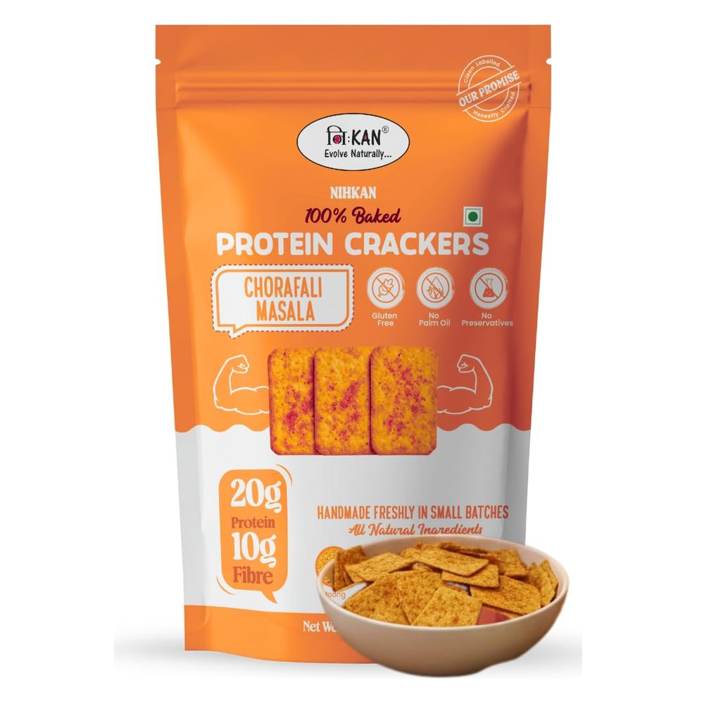 NIHKAN Protein Thins Crackers - Chorafali Masala | 100% Baked Mix Dal Chips | Gluten Free High Protein Healthy Snack Like Khakhra | No Palm Oil, No Preservatives, Fibre Rich & All Natural -100g